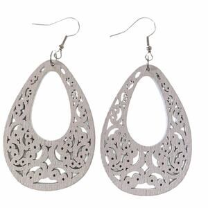 White Wood Ornate Cutout Drop Dangle Earrings NEW